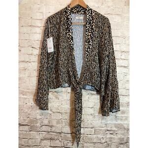 Maaji Crop Top Womens Large Brown Cheetah Leopard Tie Front Flared Sleeve Boho